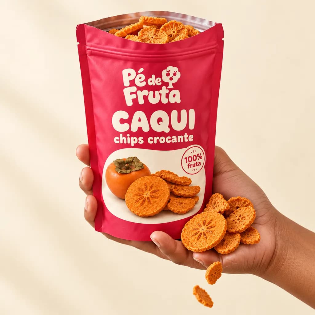 Mão segurando a embalagem aberta de Caqui chips crocante, com pedaços na palma