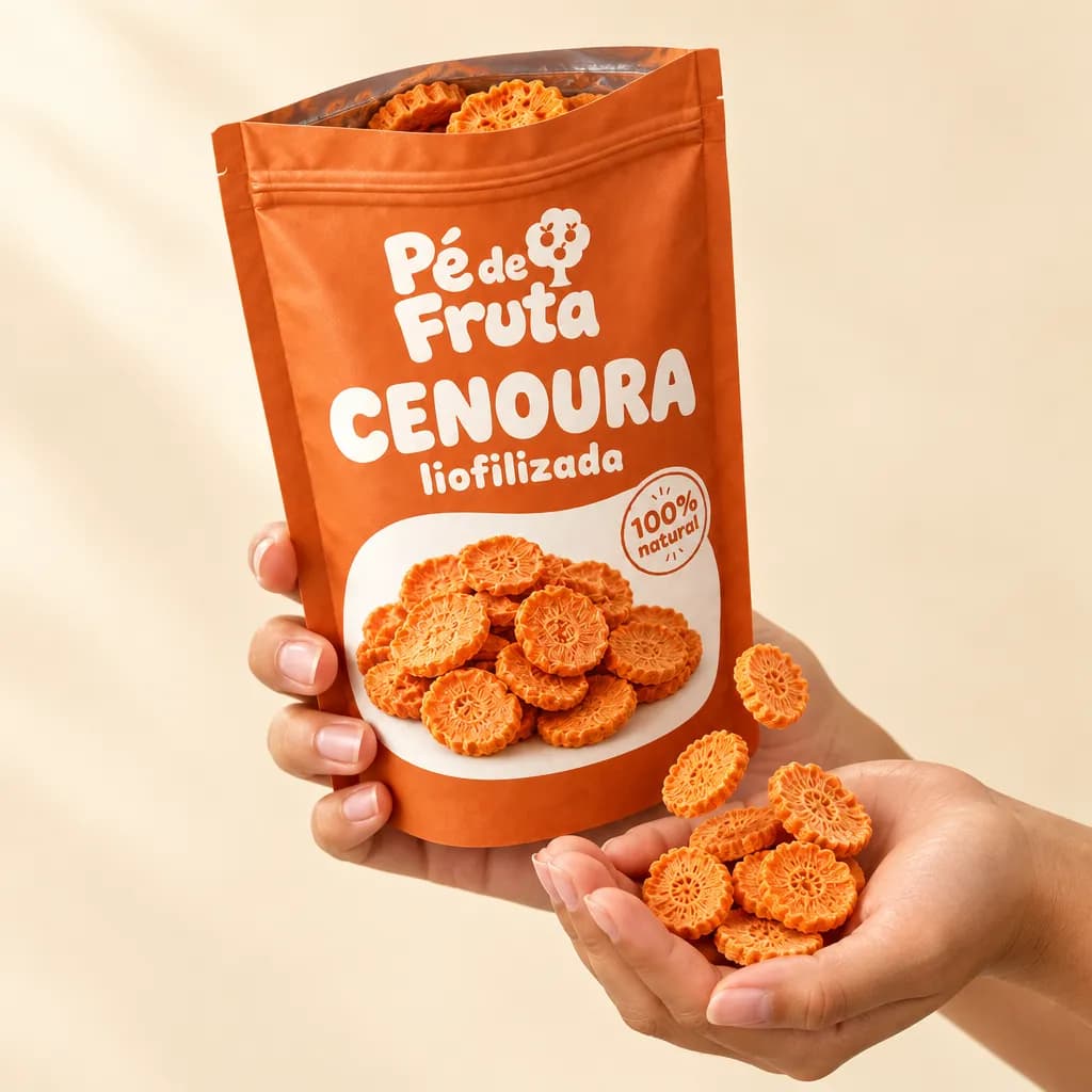 Mão segurando a embalagem aberta de Cenoura liofilizada, com pedaços na palma