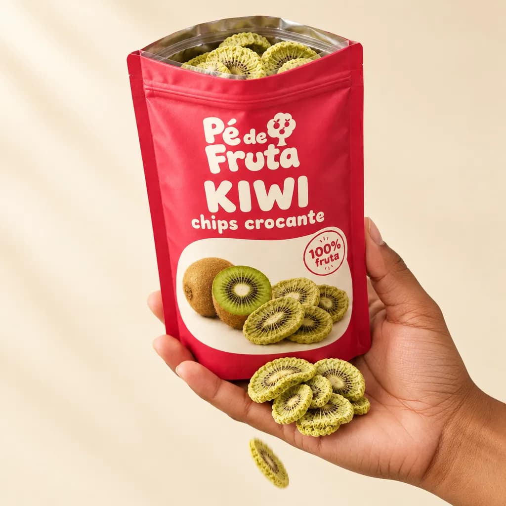 Mão segurando a embalagem aberta de Kiwi chips crocante, com pedaços na palma