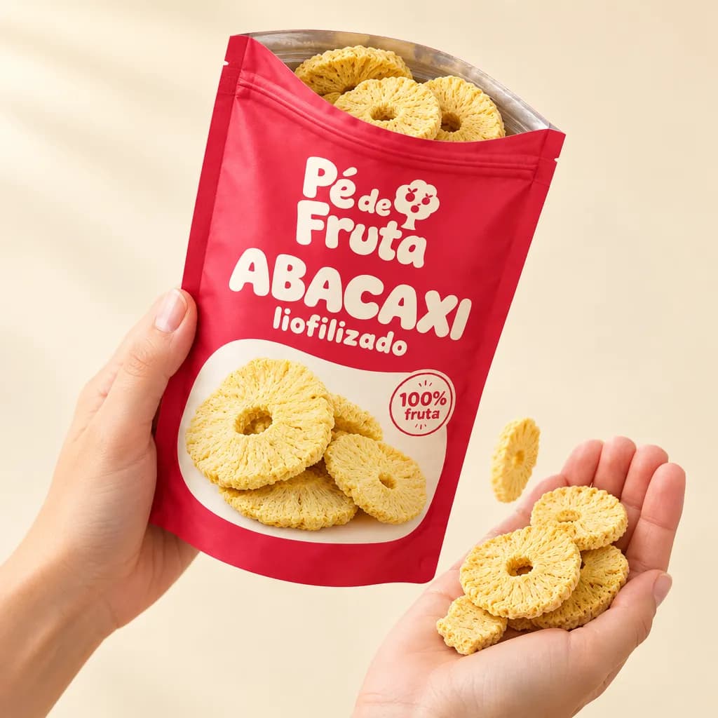Mão segurando a embalagem aberta de Abacaxi liofilizado, com pedaços na palma