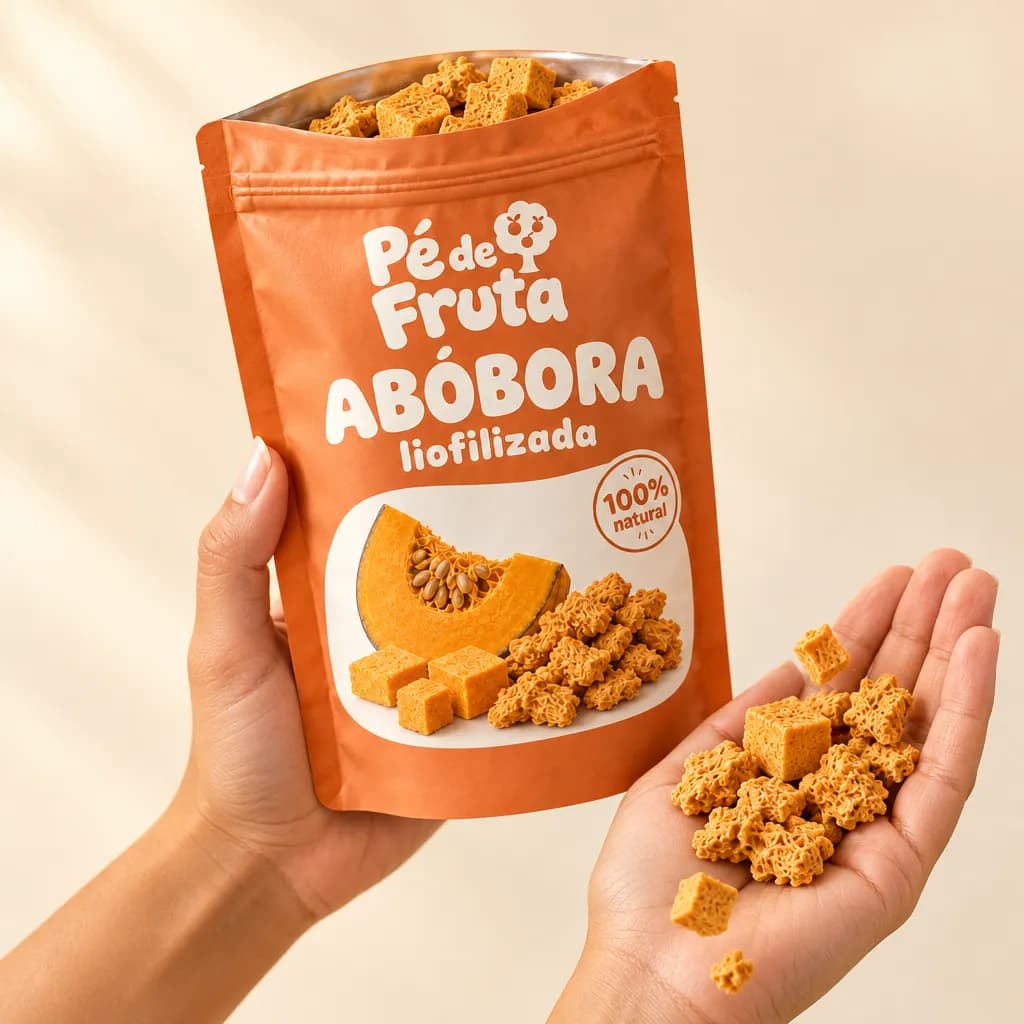 Mão segurando a embalagem aberta de Abóbora liofilizada, com pedaços na palma