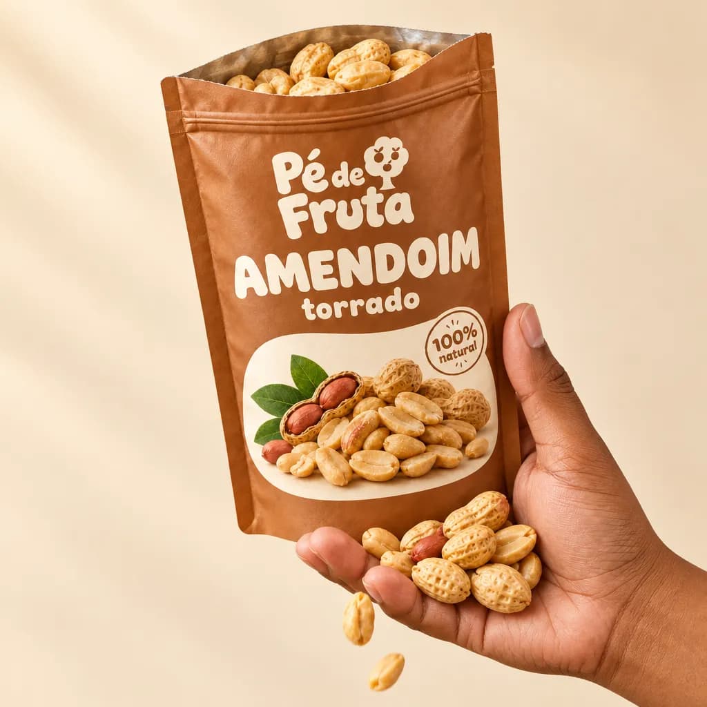 Mão segurando a embalagem aberta de Amendoim torrado, com pedaços na palma