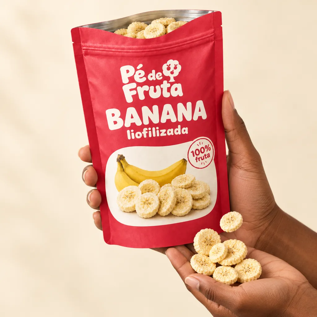 Mão segurando a embalagem aberta de Banana liofilizada, com pedaços na palma