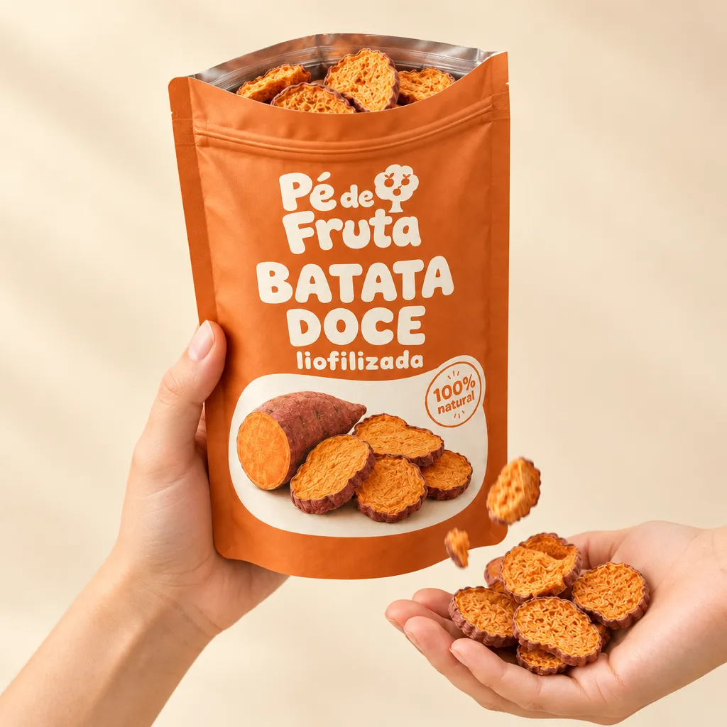 Mão segurando a embalagem aberta de Batata doce liofilizada, com pedaços na palma