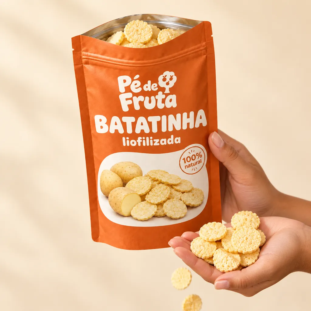 Mão segurando a embalagem aberta de Batatinha liofilizada, com pedaços na palma