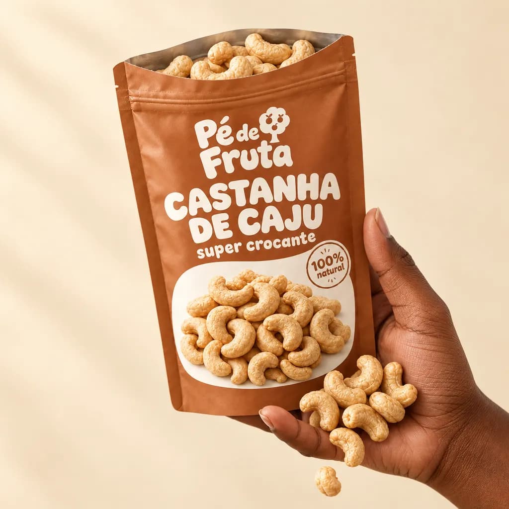 Mão segurando a embalagem aberta de Castanha de caju super crocante, com pedaços na palma