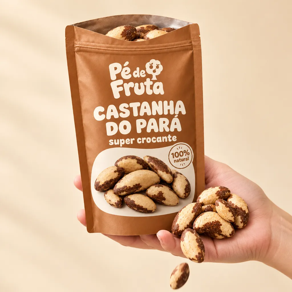 Mão segurando a embalagem aberta de Castanha-do-pará super crocante, com pedaços na palma