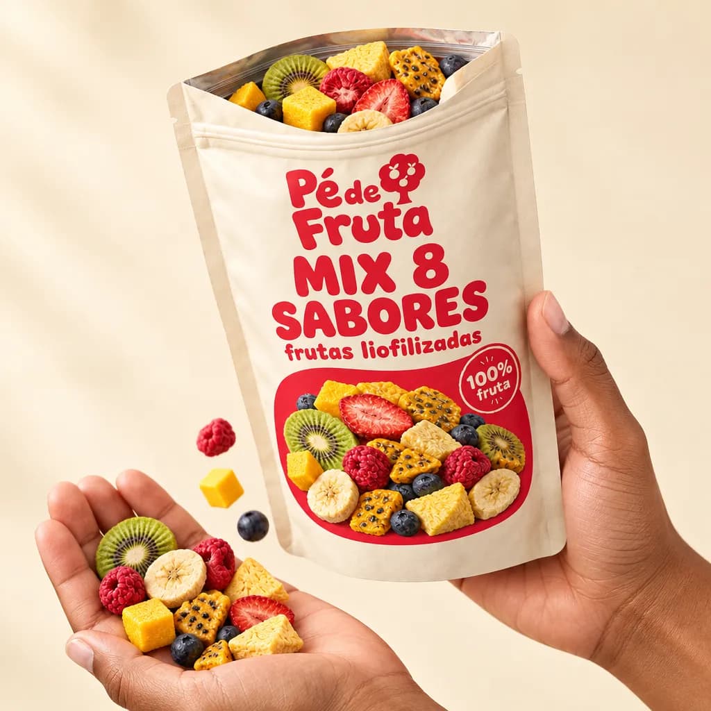 Mão segurando a embalagem aberta de Mix 8 sabores frutas liofilizadas, com pedaços na palma