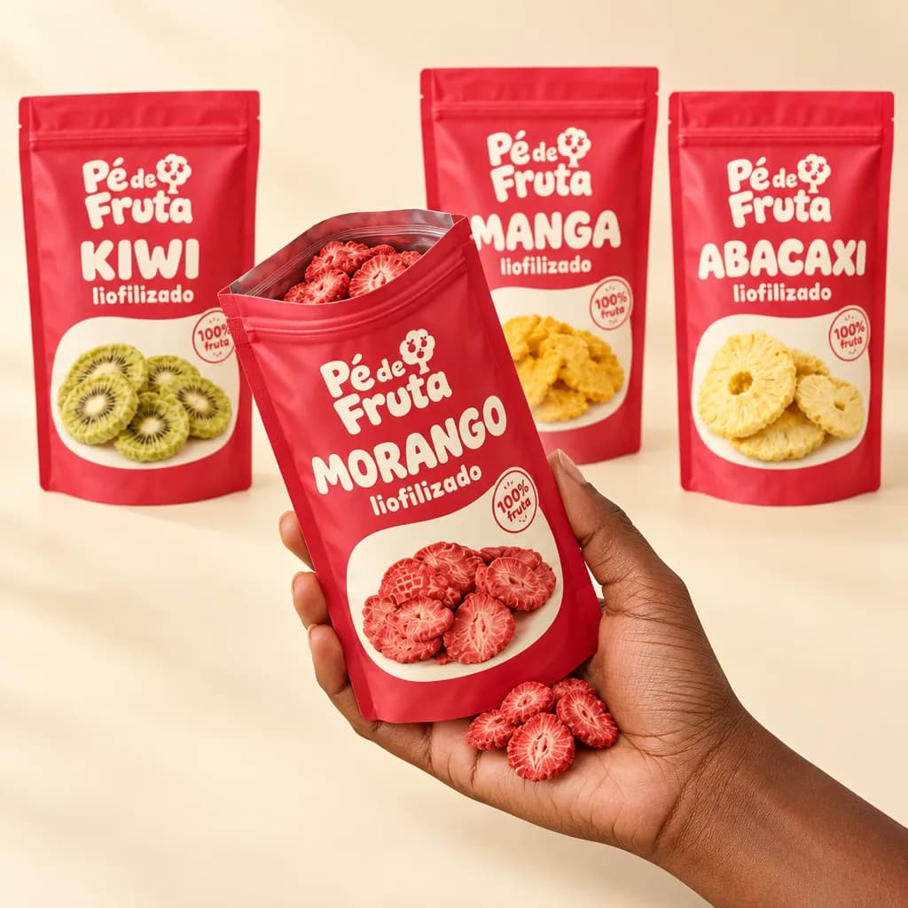 Mão segurando a embalagem aberta de Combo Primeira Compra kiwi · morango · manga · abacaxi, com pedaços na palma