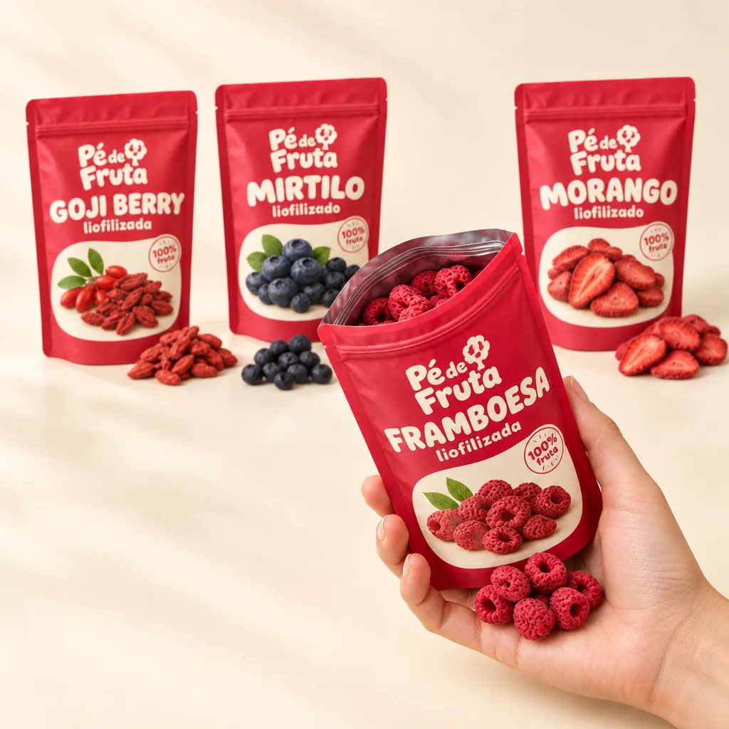 Mão segurando a embalagem aberta de Combo Vermelhinhas goji · mirtilo · framboesa · morango, com pedaços na palma