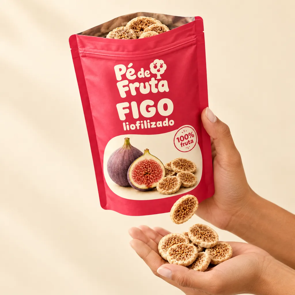 Mão segurando a embalagem aberta de Figo liofilizado, com pedaços na palma