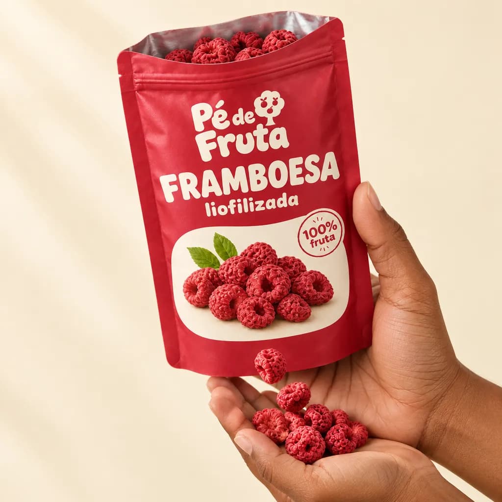 Mão segurando a embalagem aberta de Framboesa liofilizada, com pedaços na palma