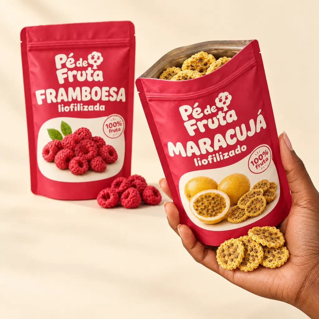 Mão segurando a embalagem aberta de Dupla Framboesa + Maracujá liofilizados, com pedaços na palma