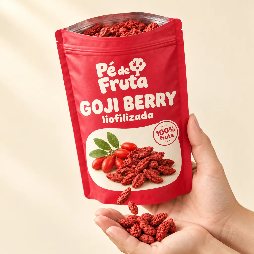 Mão segurando a embalagem aberta de Goji berry liofilizada, com pedaços na palma