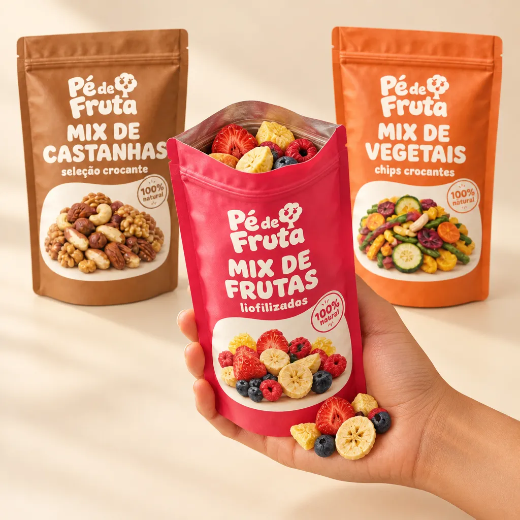 Mão segurando a embalagem aberta de Kit Maratona de Série castanhas · frutas · vegetais, com pedaços na palma