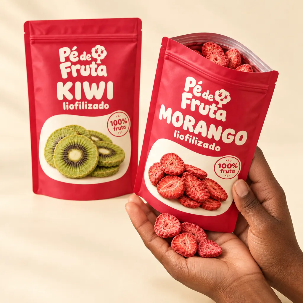 Mão segurando a embalagem aberta de Dupla Kiwi + Morango liofilizados, com pedaços na palma