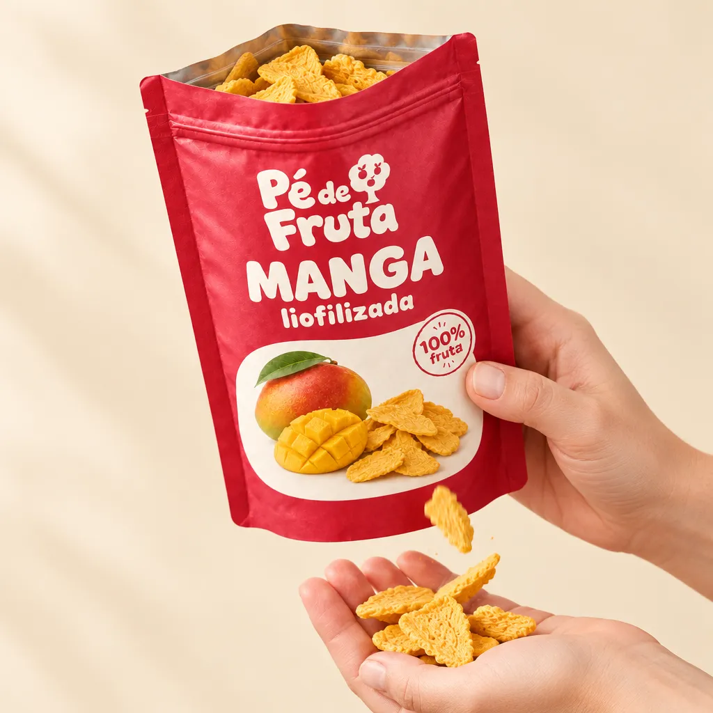 Mão segurando a embalagem aberta de Manga liofilizada, com pedaços na palma