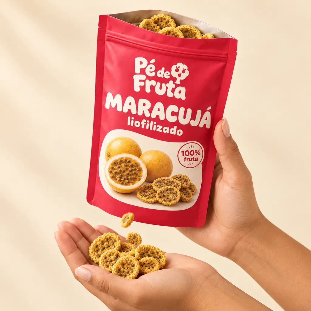Mão segurando a embalagem aberta de Maracujá liofilizado, com pedaços na palma