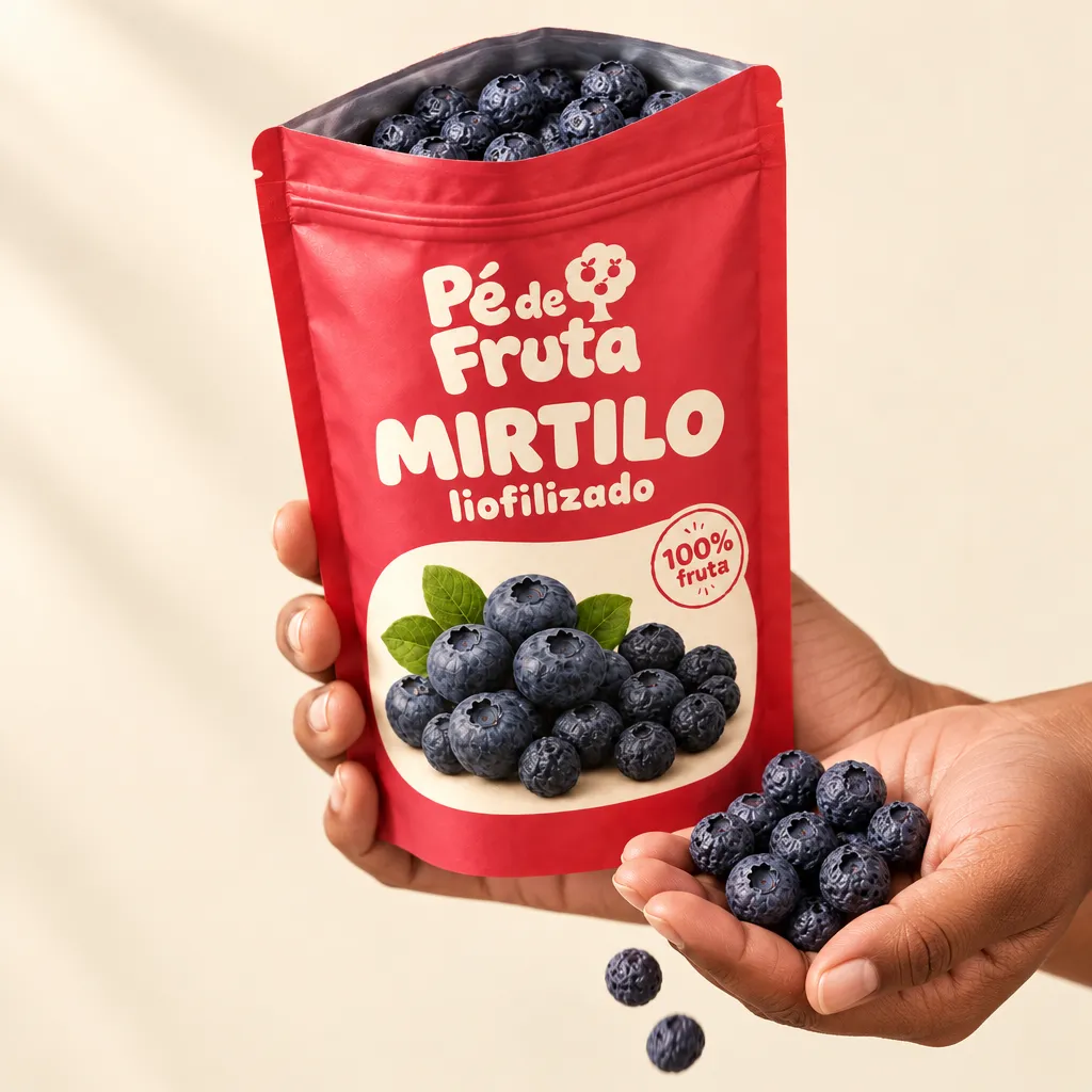 Mão segurando a embalagem aberta de Mirtilo liofilizado, com pedaços na palma