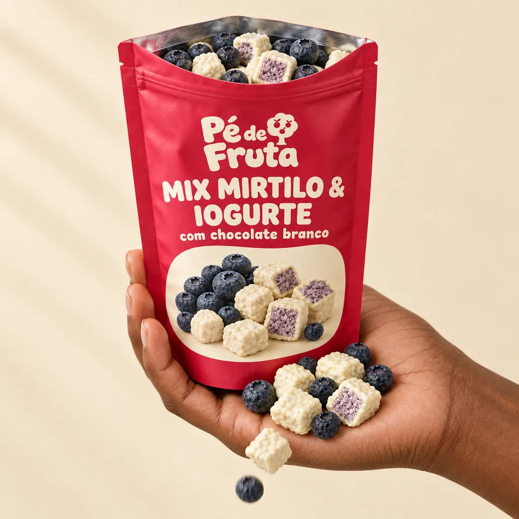 Mão segurando a embalagem aberta de Mix Mirtilo & Iogurte com chocolate branco, com pedaços na palma