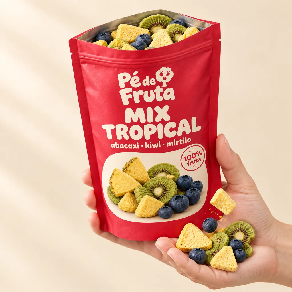 Mão segurando a embalagem aberta de Mix Tropical abacaxi · kiwi · mirtilo, com pedaços na palma