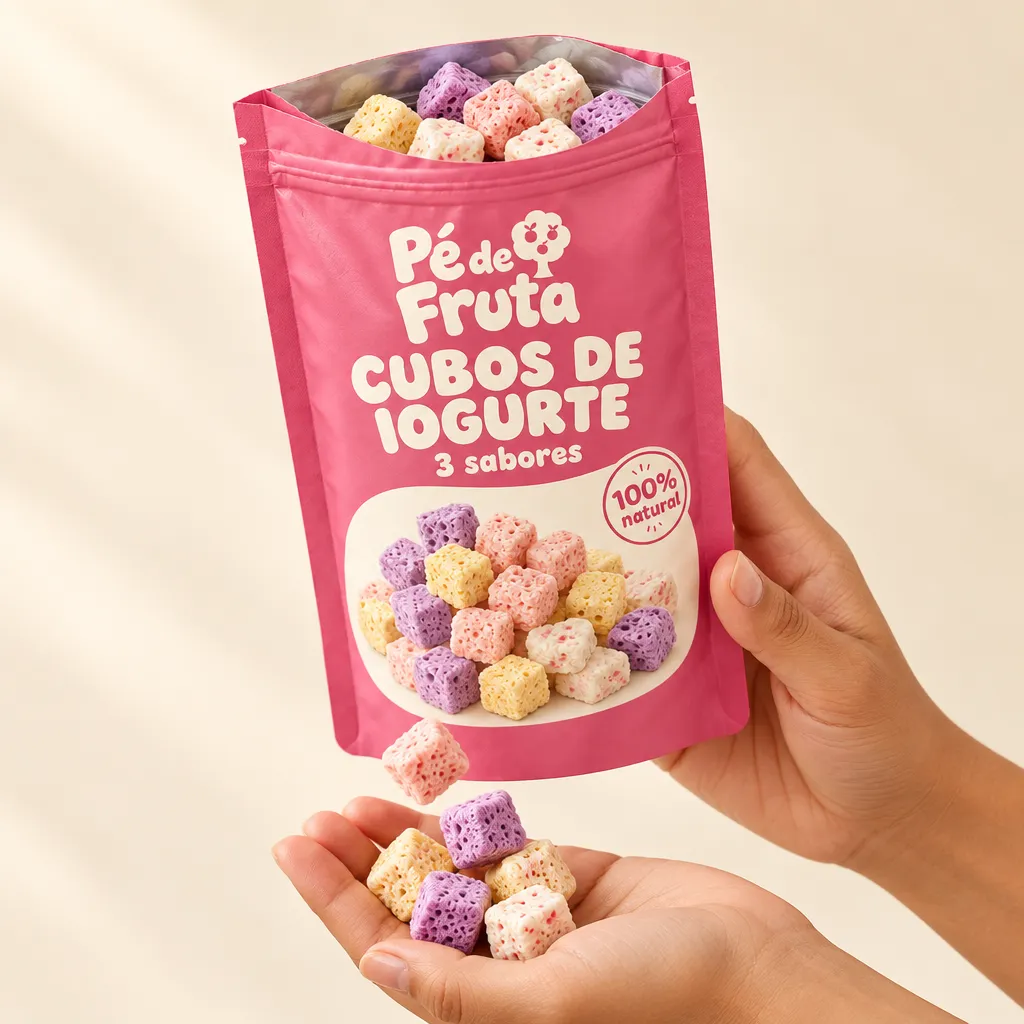 Mão segurando a embalagem aberta de Cubos de iogurte 3 sabores, com pedaços na palma