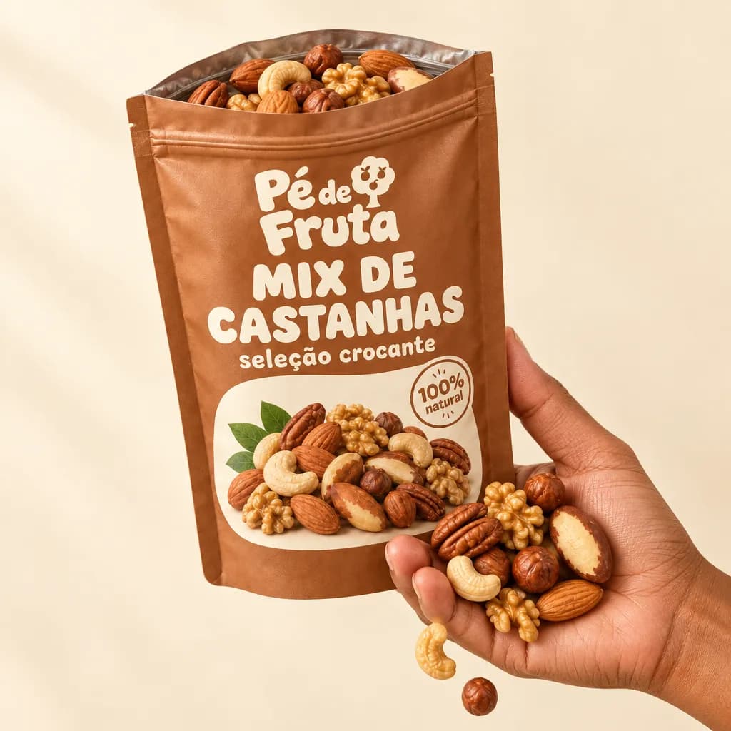 Mão segurando a embalagem aberta de Mix de castanhas seleção crocante, com pedaços na palma