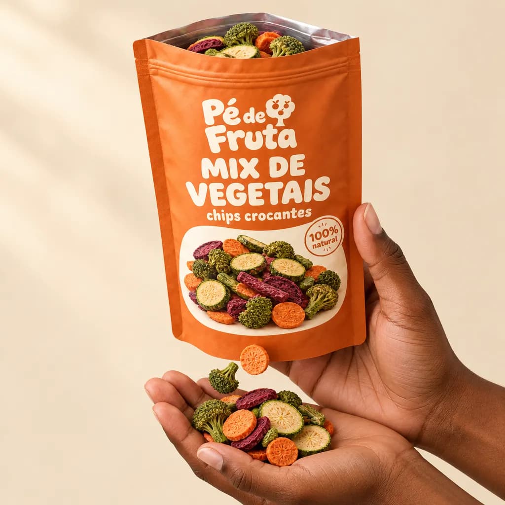 Mão segurando a embalagem aberta de Mix de vegetais chips crocantes, com pedaços na palma