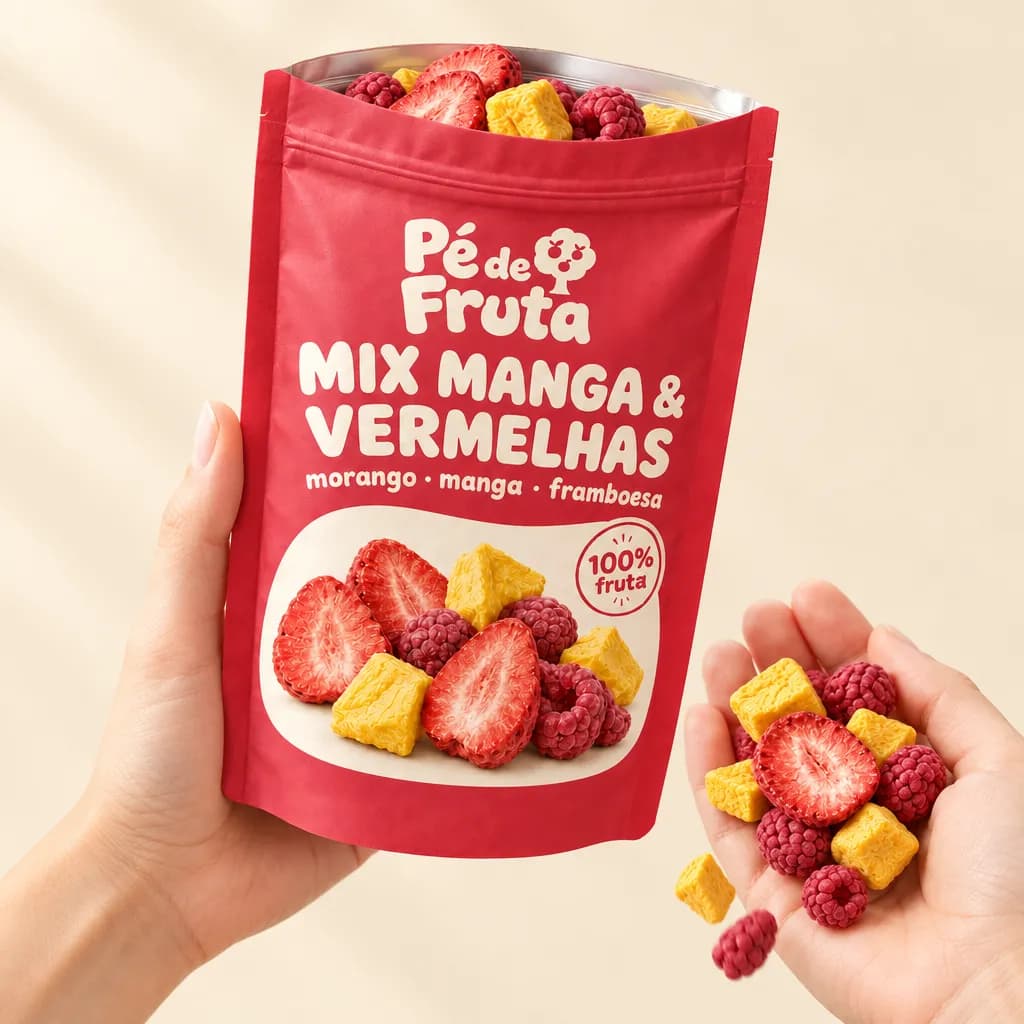 Mão segurando a embalagem aberta de Mix Manga & Vermelhas morango · manga · framboesa, com pedaços na palma