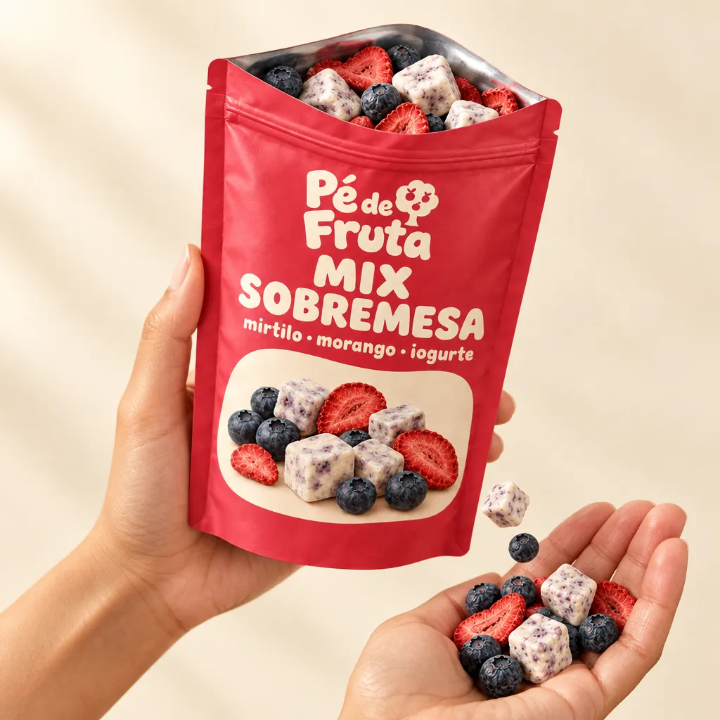 Mão segurando a embalagem aberta de Mix Sobremesa mirtilo · morango · iogurte, com pedaços na palma