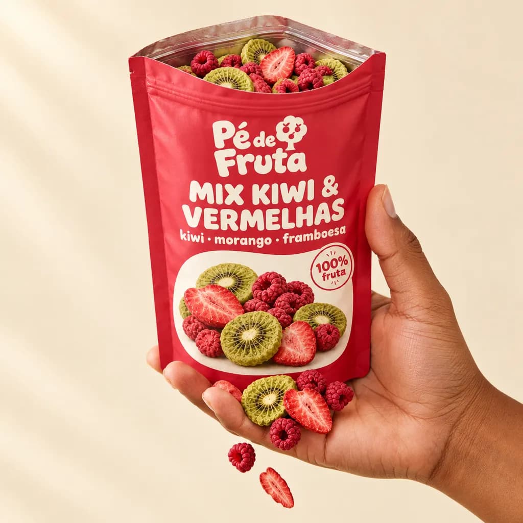 Mão segurando a embalagem aberta de Mix Kiwi & Vermelhas kiwi · morango · framboesa, com pedaços na palma