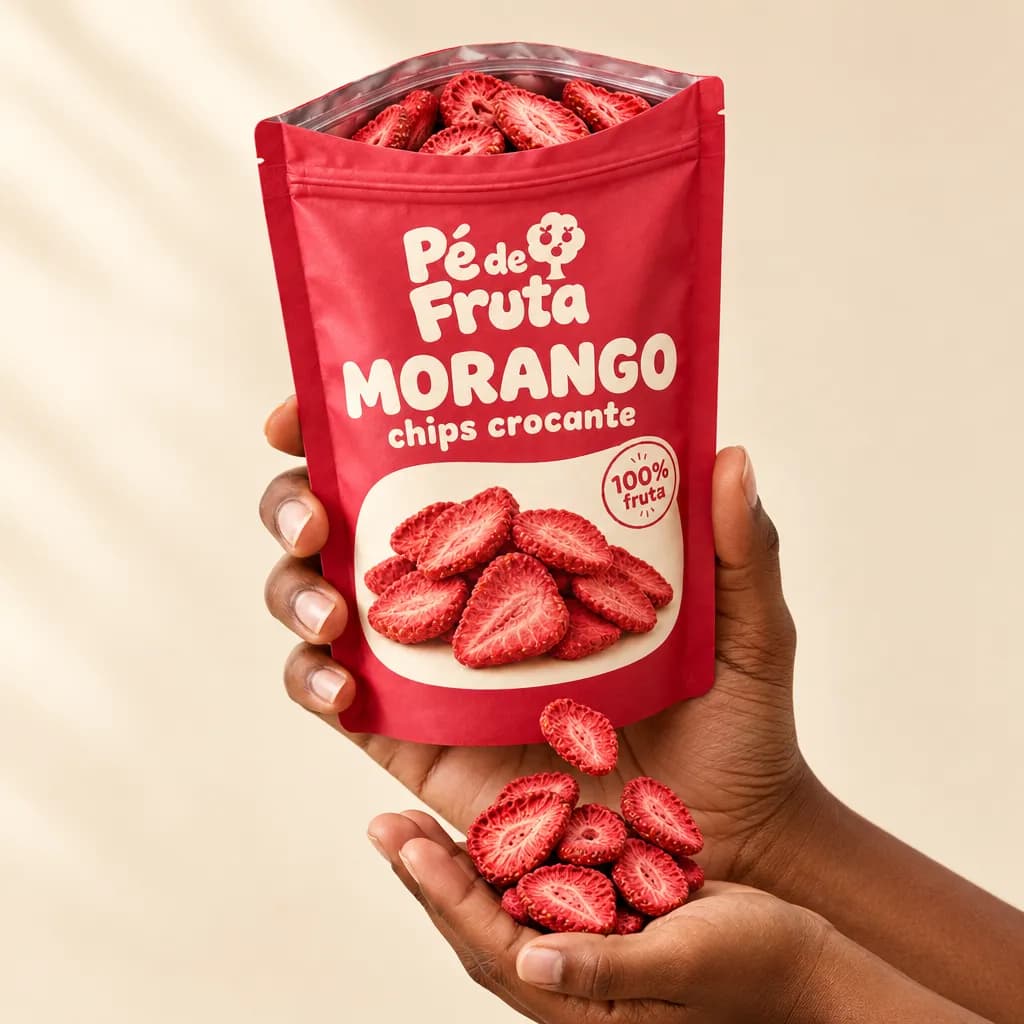 Mão segurando a embalagem aberta de Morango chips crocante, com pedaços na palma