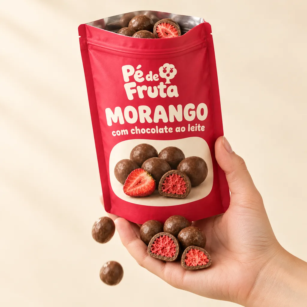 Mão segurando a embalagem aberta de Morango com chocolate ao leite, com pedaços na palma