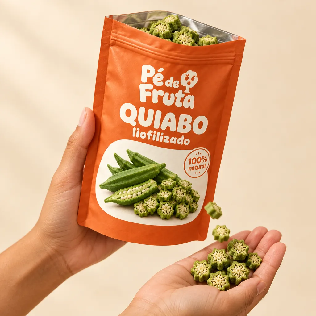Mão segurando a embalagem aberta de Quiabo liofilizado, com pedaços na palma